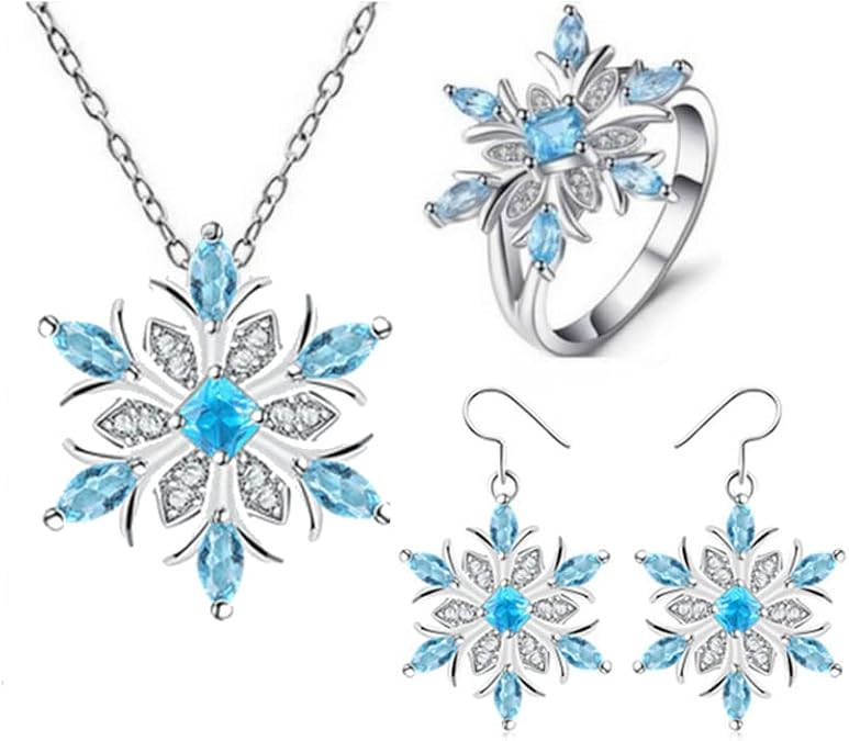 WLL Romantic Blue Rhinestone Snowflake Necklace Earrings Set for Women Winter Crystal Snowflake Flower Necklace Jewelry Christmas Holiday Gift