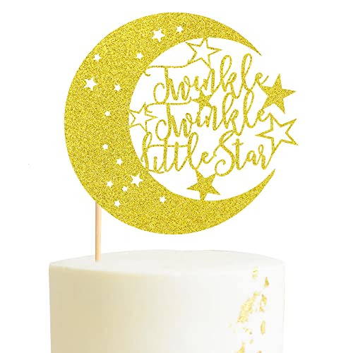 Twinkle Twinkle Little Star Cake Topper, Moon & Star Baby Shower Cake Topper, Gender Reveal Party Supplies, Baby 1st Birthday Party Decorations - Gold Glitter