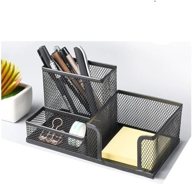 Desktop Metal Pen Holder Set 3-Piece Combo 1-Pack Mesh Perforated Black Pen Holder Attaché Paper Holder Earring Organizer