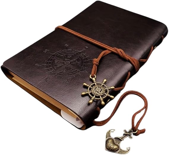 Senon Retro Vintage Pusula Baskılı Çapa Ve Dümen Kolye Uçlu Deri Kapaklı Günlük Not Defteri Denizci Defter Özel Tasarım Hediyelik Siyah