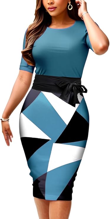 CaniBtr Bodycon Dresses for Women Printed Midi Pencil Work Dress with Belt