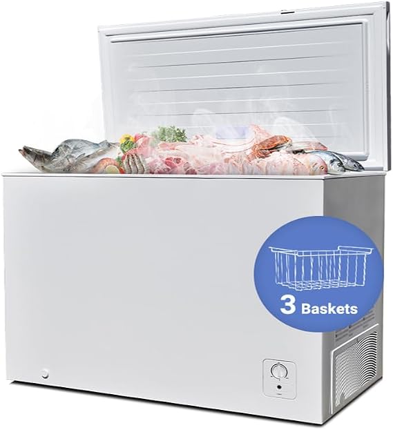 SMETA Chest Freezer 10.5 Cubic Feet, Deep Freezer, Garage Ready with 3 Basket, Low Noise, Adjustable Thermostat, Energy Saving with 4 Wheels, Kitchen, Office, Meat, House, White