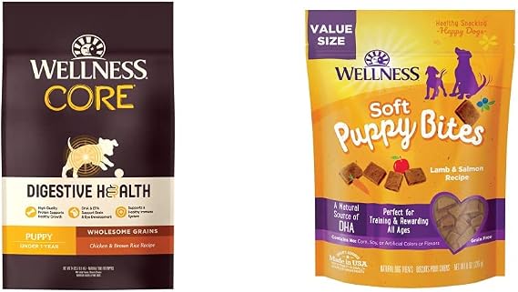 Wellness CORE Digestive Health Puppy Bundle: Digestive Health Dry Food with Wholesome Grains, 24 lb Bag Soft Puppy Bites, Lamb and Salmon, 8 oz Bag