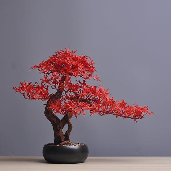 Artificial Bonsai Wooden Pot Plants Decoration Simulation Bonsai Green Plants Fake Decorative Pond Home Office Display Artificial Home Round Pot-Red Maple Leaf Bonsai
