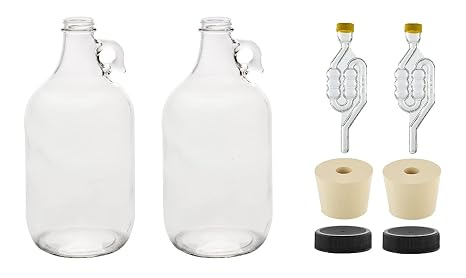 North Mountain Supply 1/2 Gallon Glass Fermenting Jug with Handle Set of 2 Includes 6.5 Rubber Stoppers, 6-Bubble Airlocks, and Black Plastic Lids 64 Ounces 38mm CT Finish