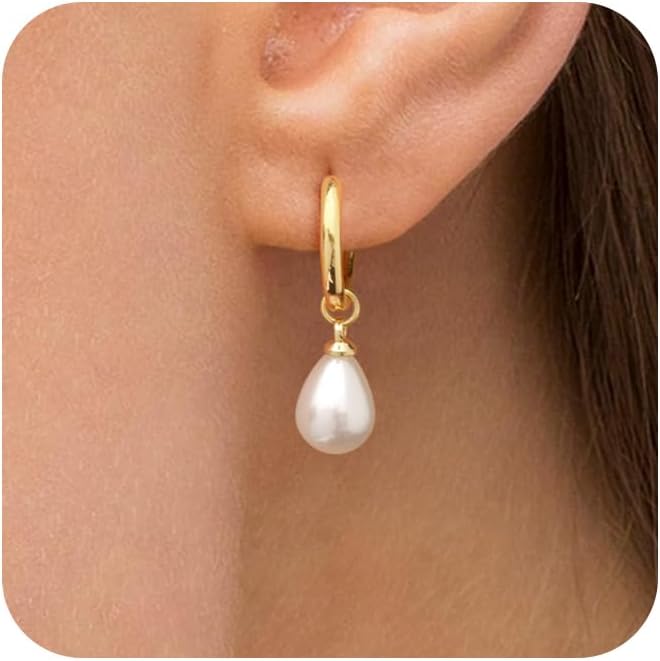 Robaice Pearl Earrings for Women, 14K Gold Plated Dangle Drop Earrings