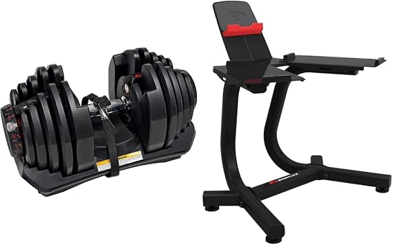 Bowflex Unisex 1090i Single Adjustable Dumbbell, Black/Grey/Red, One Size UK & SelectTech Dumbbell Stand with Media Rack for 552i, 1090i, 560i