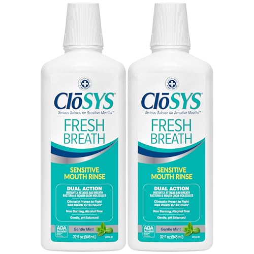 CloSYS Mouthwash, 32 Ounce, 2 Count, Fresh Breath Mouthwash, Gentle Mint, Alcohol Free, Dye Free, pH Balanced Mouth Wash, Helps Soothe Entire Mouth, Fights Bad Breath