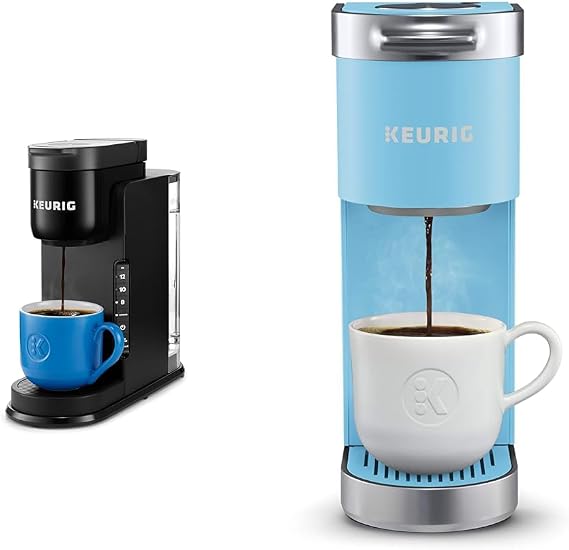 Keurig K-Express Coffee Maker, Single Serve K-Cup Pod Coffee Brewer, Black, 12.8 L x 5.1 W x 12.6 H & K-Mini Plus Single Serve K-Cup Pod Coffee Maker, Cool Aqua