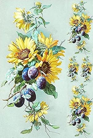 European Excellency Sunflower Rice Paper for Decoupage A4 Floral Scrapbook Paper Vintage Decoupage Paper for Crafts (Sunflowers and Plums - 2 Sheets)