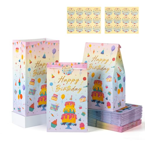 48 Pack Happy Birthday Party Favor Goodie Bags, Kraft Paper Candy Gift Treat Bags, Birthday Decorations Party Supplies for Kids