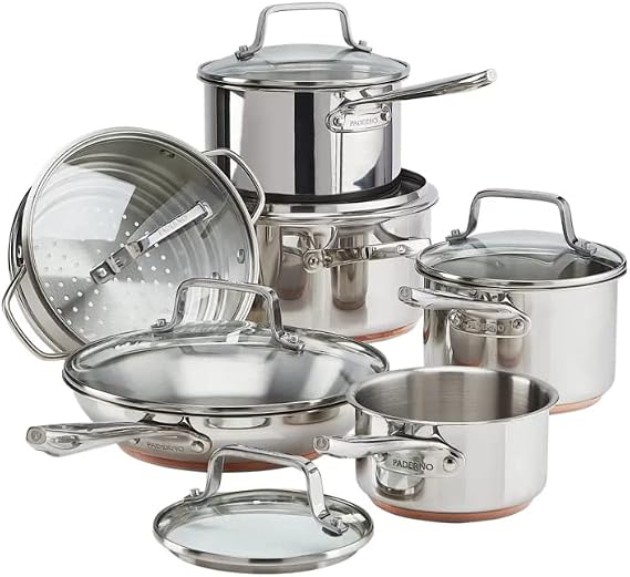 Paderno 12-Piece Stainless-Steel Copper Core Cookware Set | Kitchen Pots and Pans Set with Covered Steamer