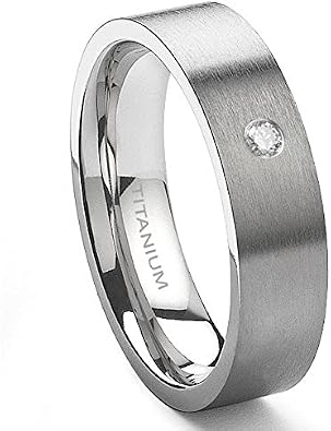Titanium 6mm Solitaire Diamond Brush Finish Flat Wedding Band Ring