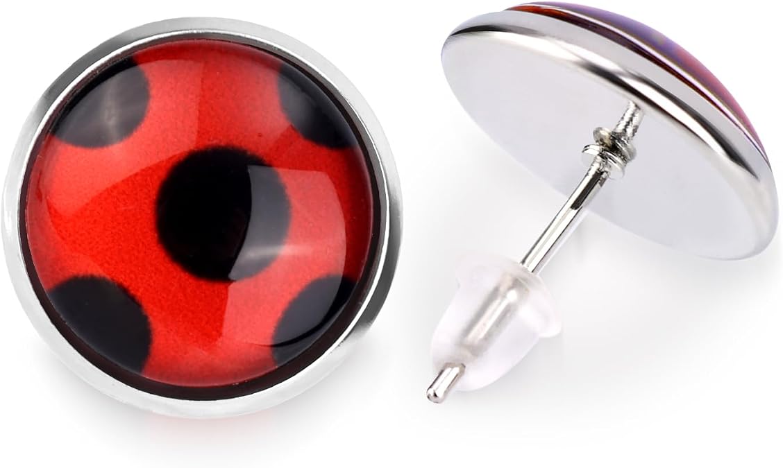1 Pair Ladybug Earrings, Ladybug Stud Earrings Ladybug Clip on Earrings Metal Black Spot Earrings for Women Halloween Carnival Costume | Ladybug Metal Earrings Black Dots for Women Halloween Carnival Costume
