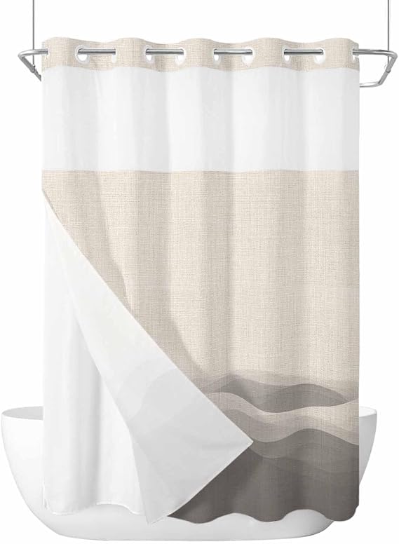 No Hook Shower Curtain and Snap in Liner Set, Grey Beige Ombre Bathroom Stall Shower Curtains 48x72 Inch, See Through Mesh Top Window, Minimalist Ocean Waves Linen Hotel Style, Washable Waterproof