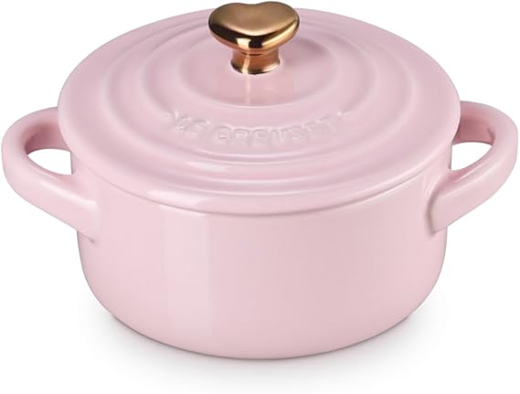 Le Creuset Stoneware Mini Round Cocotte, 8oz., Chiffon Pink with Gold Heart Knob