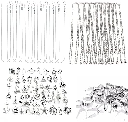 70 pcs 1mm 1.2mm Snake Chain Necklaces and Pendants, 20 pcs Stainless Steel and Alloy Italian Chain Classic Cable Chain Mens Womens with 50 pcs Charms, 18-21in