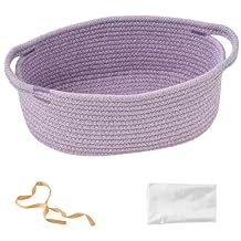 Small Woven Gift Basket Empty with Bag & Ribbon - Gifts for Mom, Baby Shower, Birthdays & Raffle - Cotton Rope Storage Basket for Dog Toys or Shelf - 12"x8"x5", Purple