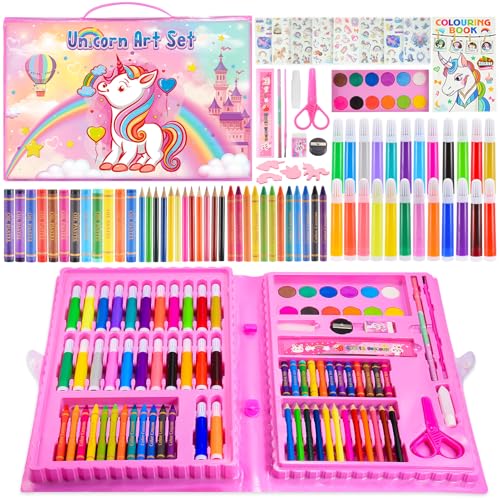 HCHILDHOOD Art Supplies for Girls, Arts and Crafts for Kids Age 4-6 6-8 with Trifold Easel,Includes Sketch Pads,Oil Pastels,Crayons,Colored Pencils, Drawing Set for 3-12 Year Olds Girls Pink