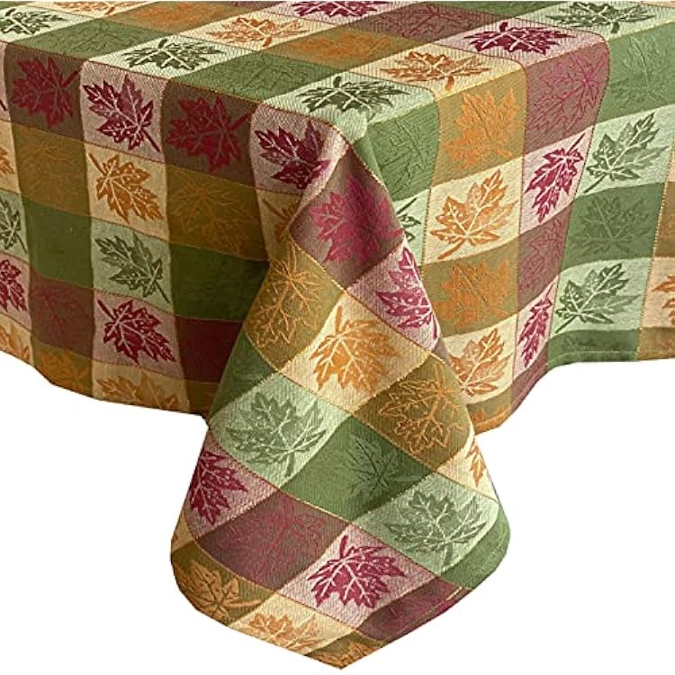 Lintex Autumn Changing Leaf Jacquard Fall and Thanksgiving 100 percent Cotton Fabric Tablecloth, Fall Leaf Block Woven Easy Care Country Cottage Tablecloth, 60x84 OblongRectangle, Multicolor