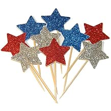 36 Pieces Glitter Star 4th of July Cupcake Toppers Glitter Gold Star Cakes Toppers for Independence Day 4th of July Party Supplies Favors(Blue Red White)