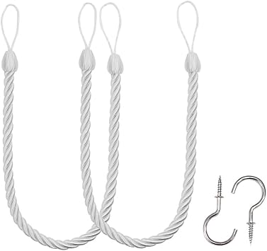 BEL AVENIR Curtain Ropes Tiebacks Tie-Backs, Curtain Handmade Holdbacks with 2 Metal Screw Hooks - White 2 Pack