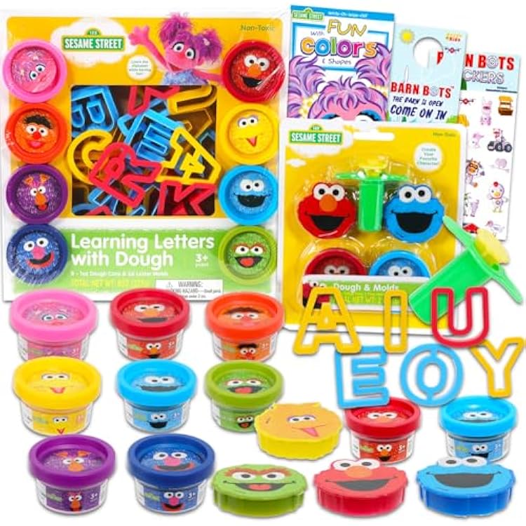 Sesame Street Dough Play Set - 39 Pc Bundle of Moldable Dough Tubs, Tools, Write-and-Wipe Book, More | Alphabet Activities for Kids | Styles May Vary