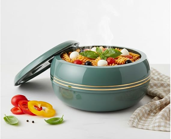 3200ml Insulated Casserole Dish with Lid – Stainless Steel Double Wall Hot Pot & Cold Food, BPA-Free Thermal Serving Bowl with Locking Lid, Chrome Finish – Soup, Salad & Food Warmer (Peacock)