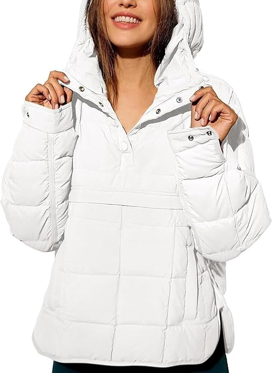 Womens Puffer Jacket Oversized Winter Quilted Jacket Lightweight Button Down Hooded Pullover Overcoat Outerwear