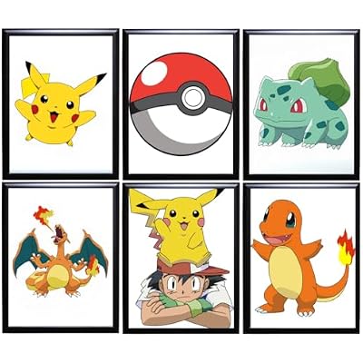 TFH Art Design - Pokemon Wall Poster - Pikachu, PokeTop, Charizard, Charmander, Ash, and Bulbasaur - For Kids Bedroom Print - Set Of 6 Pieces - 8 x 10 inch - UNFRAMED