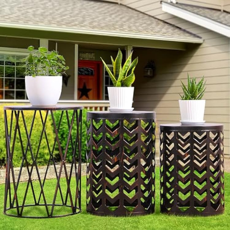 Y&M Set of 3 Black with Bronze End Tables, Nesting Metal Round Coffee Table, Heavy Duty Metal Plant Stand Garden Stool, Outdoor Multifunctional Use