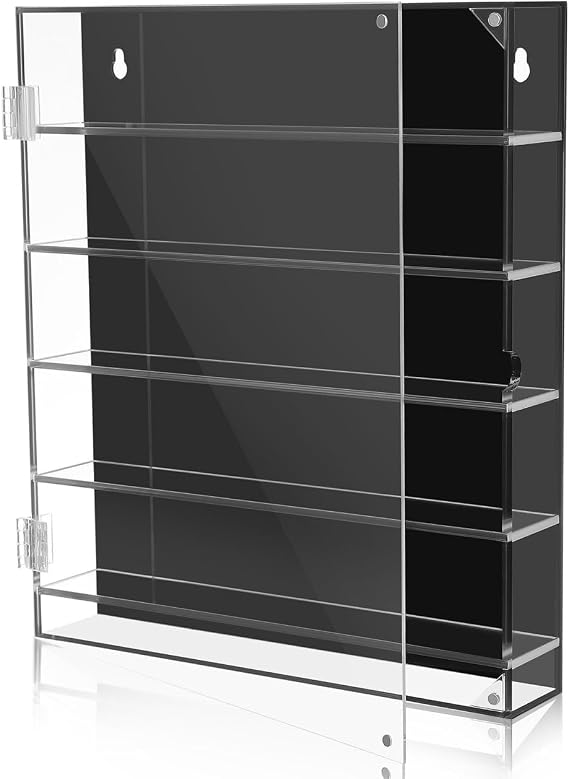 Acrylic Display Case, 30 x 26 x 5 cm Wall Cabinet for Toy Cars | Hinged door, five divided rows, black backing for contrast, dust-resistant organiser for miniatures and small collectables