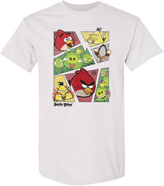 Angry Birds Official -Angry Comics Panels Printed Graphic Short Sleeve 100% Cotton T-Shirt for Men, Women, Unisex White