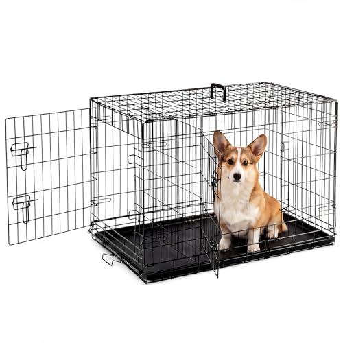 Sweetcrispy Large Dog Crate, 36 Inch Double Door Folding Metal Wire Dog Cage with Plastic Leak-Proof Pan Tray, Pet Kennel for Indoor, Outdoor, Travel