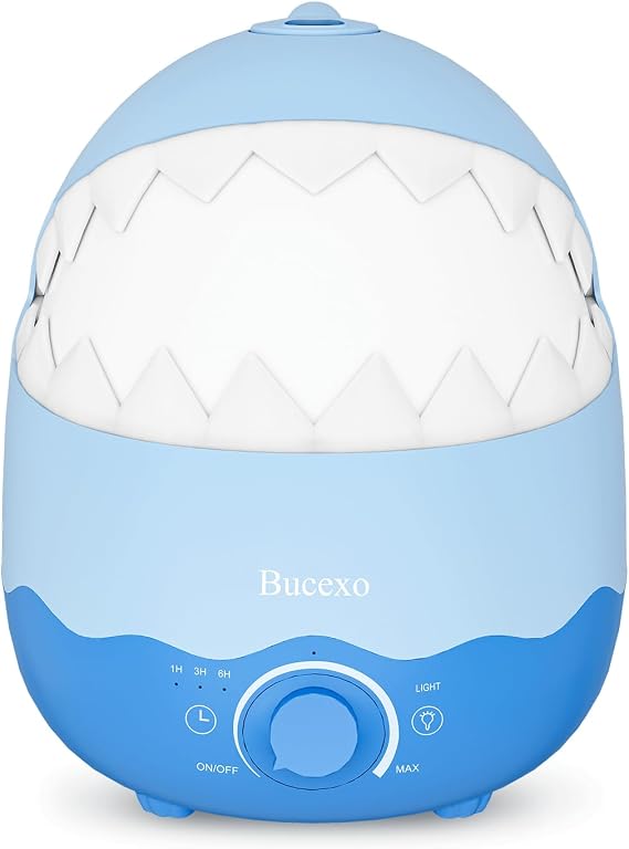Humidifiers for Baby, Cool Mist Humidifier for Bedroom Nursery, kids Humidifier with Essential Oil Diffuser and Night Light, Timer, BPA Free, 1.6L, Up to 40Hours, Blue Shark