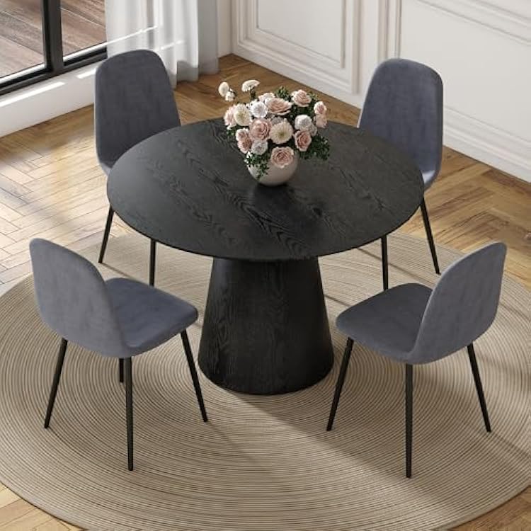 Black Dining Table Set for 4,45 Round Dining Room Table Set for 4,Wood Grain Table with Upholstered Chairs,5 Piece Kitchen Table Chairs Set for Family Meals,Cozy Dining Spaces Easy Assembly