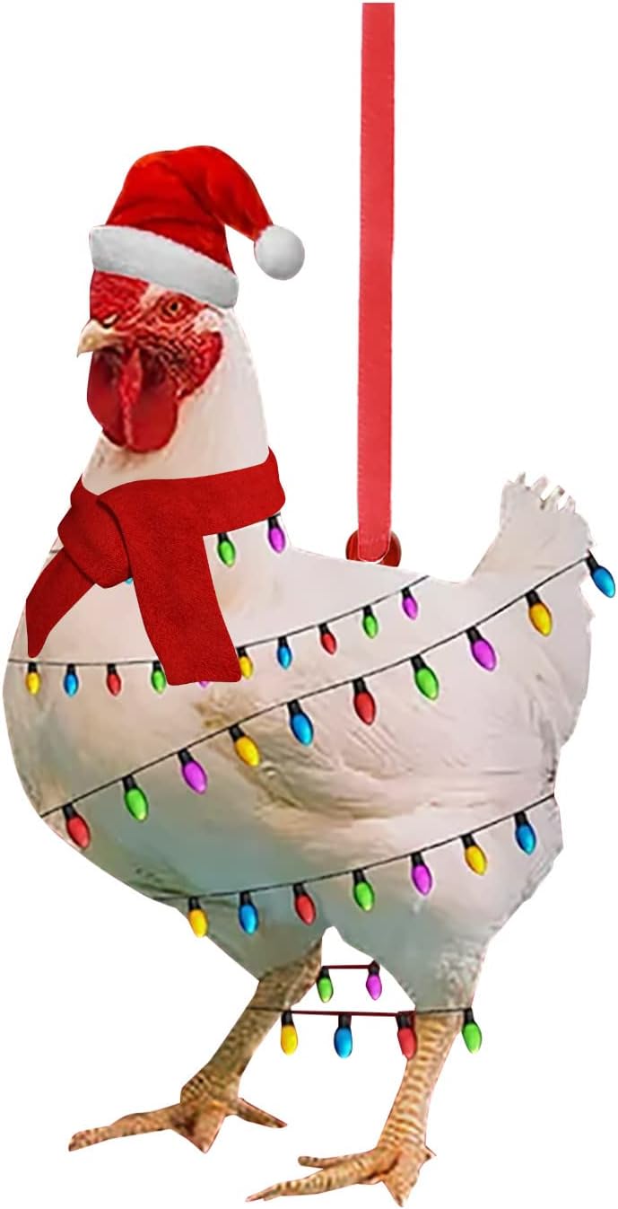 Scarf Chicken Christmas Ornaments Funny Chicken Flat Printed Wooden Personalized Indoor Outdoor Christmas Decorations, Creative Hanging Animals Xmas Gifts