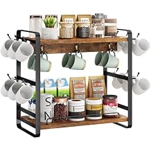 IBUYKE Coffee Bar Station Countertop Organizer,2 Tier Kitchen Mug Cup Holder Stand,Wooden Coffee Mug Organizer with 18 Hooks,Multifunctional Mug Tree for Home Kitchen, Office,Vintage Brown UTBJ006H