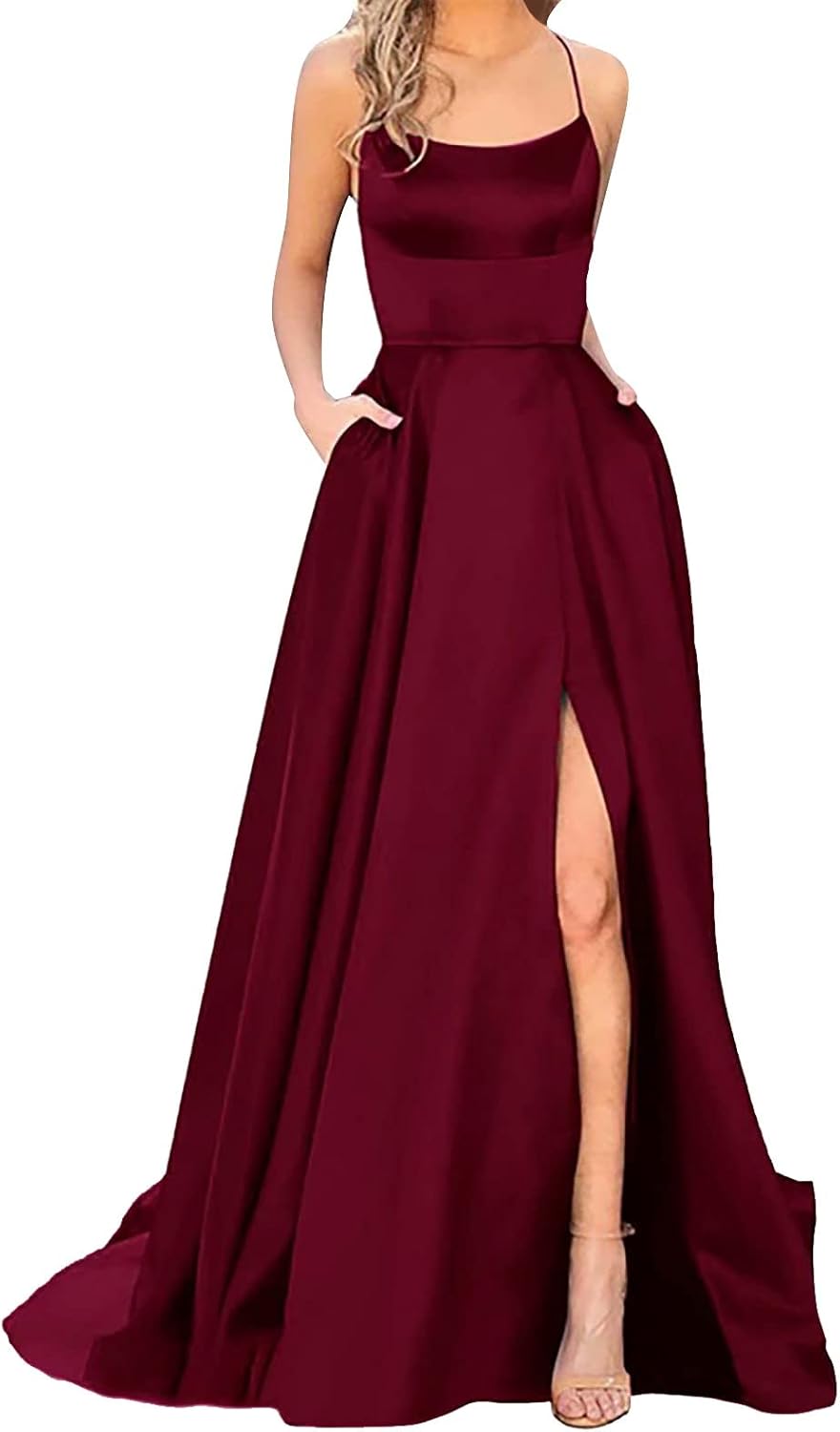 womens evening dress long with slit satin ball dress elegant halterneck dresses with pockets a-line backless spaghetti sexy evening dresses long wedding dress bridesmaid dresses party dress