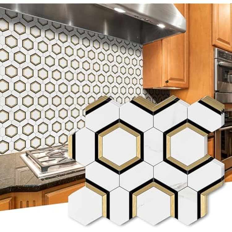 STICKGOO 10 Sheets Peel and Stick Backsplash for Kitchen, White Marble Mixed Metal Gold PVC Tiles Stick on Backsplash Mosaic Tile for Fireplace, RV