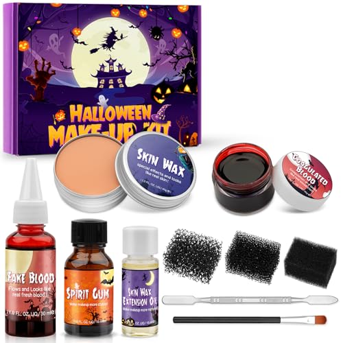 Halloween SFX Makeup Kit, Halloween Special Effects Wound Modeling, Scar Wax with Spatula, Fake Blood, Coagulated Blood Gel, Spirit Gum, Extension Oil, Stipple Sponge for Halloween Cosplay Makeup