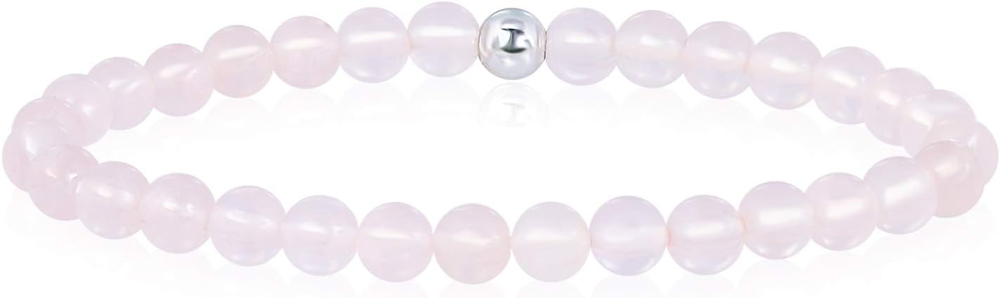 Sea of Ice Precious Gemstone 6mm Round Beads with Sterling Silver Stretchy Beaded Bracelet 7.5" Unisex