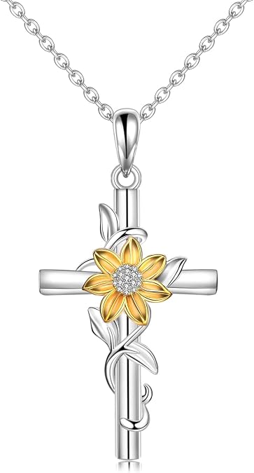925 Sterling Silver Cross Necklace for Women Sunflower Cross Necklace Dainty Sunshine Pendant for Women Mom Sunflower Gifts for Women