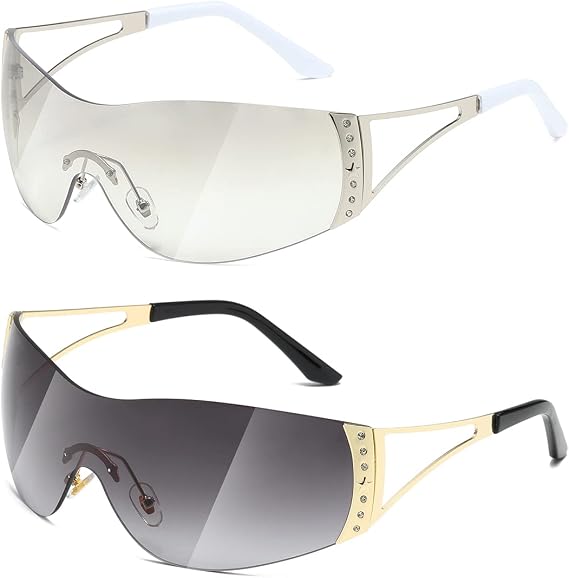 Y2K Sunglasses Women Men Fashion Shield Rimless Wraparound Sunglasses Gradient Lens Trendy Oversized Sunglasses, Silver+Gradient Grey., Ordinary size