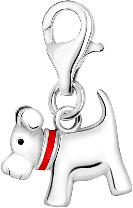 Quiges 3D Dog with Red Enamel Collar Clip On Charm Pendant Silver Plated Women's Jewellery