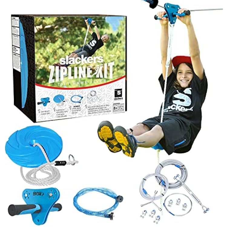 slackers 70 ft Hawk Series Zipline - Kids Zip line Kit with Safety Zipspring Brake System - Great Zipline Kit for Kids and Teens - Recommended Ages 7 Hawk Series