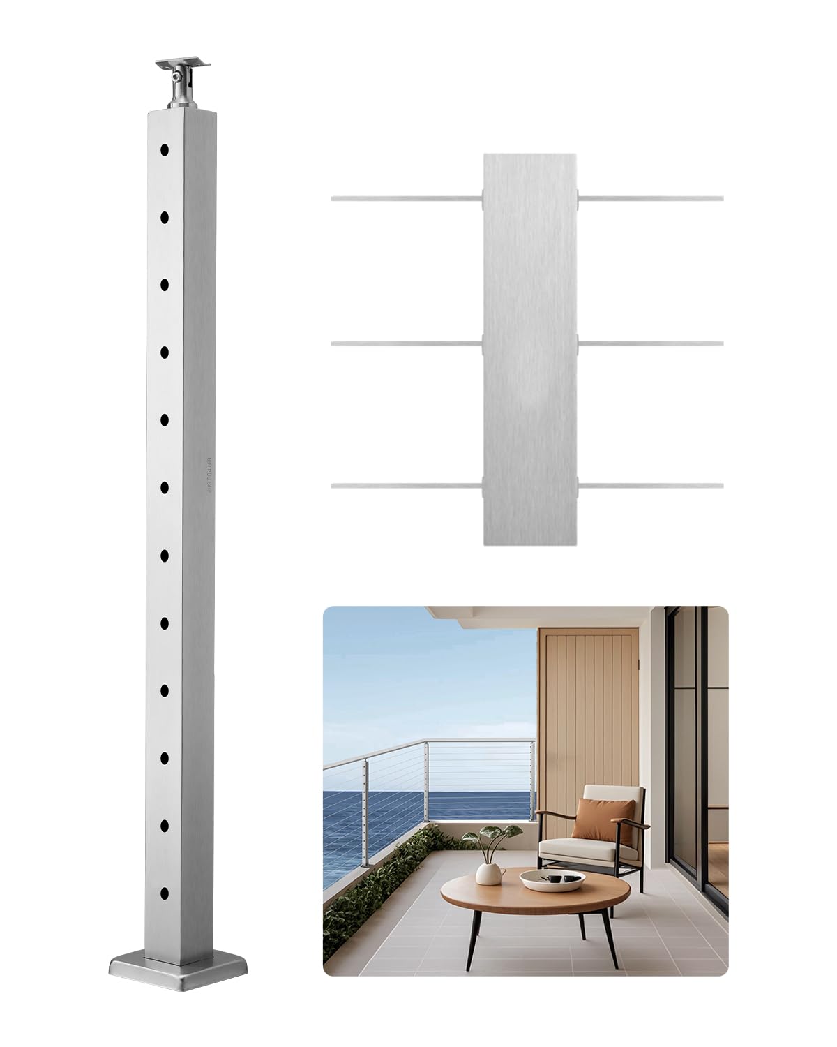 VEVOR Cable Railing Post, 42x2x2 Inch Level Deck Stair Posts, 1-Pack Stainless Steel Cable Handrail Post, Pre-Drilled Pickets with Mounting Bracket Stair Railing Kit, Silver, 1JZLGZXYS1061EF8W001V0
