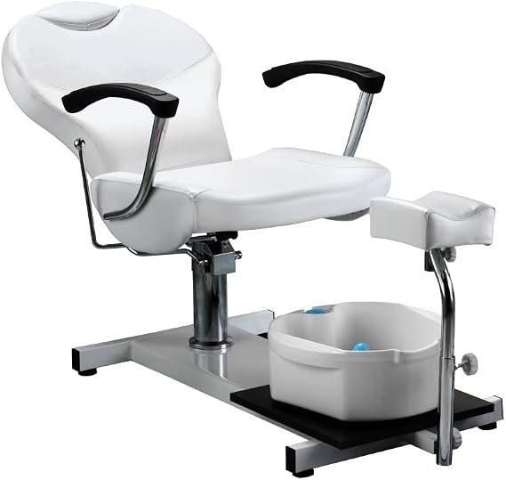 White Pedicure Station Reclining Chair with Headrest and Footbath Professional 360 Swivel Hydraulic Height Adjustable Massage Pedicure Chairs
