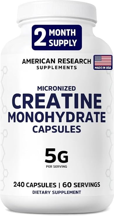 Creatine Monohydrate Capsules 5G, 60 Servings, Micronized Creatine Pills for Men and Women, 4 Caps per Serving