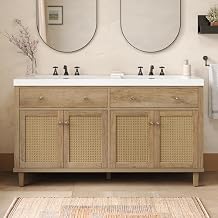 Merax 60 Inch Bathroom Vanity with Double Sink (SMC Sink), Large Storage Space with 2 Tip-Out Trays/Flip-Out Drawers and 4 Soft Closing Doors, Solid Wood Legs and Silver Metal Knobs, Wood Color